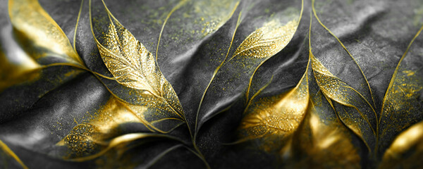 Spectacular realistic detailed veins and half black and gold abstract close-up, leaf covered with gold dust. Digital 3D illustration. Macro artwork. - obrazy, fototapety, plakaty