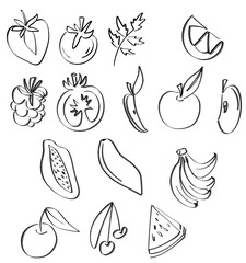 Simple set of fruits outline ollustration. Vegetarian healthy food, sketch of food for menu illustration