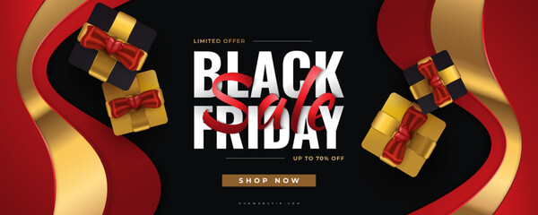 Black Friday Sale Banner with Realistic Black and Gold Gift Boxes on Wrap Paper Background. Advertising and Promotion Banner Template Design for Black Friday Campaign