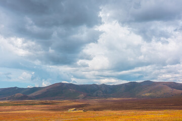 Motley autumn landscape with sunlit high mountain plateau and mountain range under dramatic sky. Vivid autumn colors in mountains. Sunlight and shadows of clouds in changeable weather. Sunny and rainy