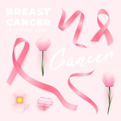 set of pink ribbons on a white background, suitable for women's day and cancer day design elements
