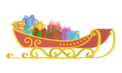 Vector illustration of Christmas Santa Claus sleigh with presents isolated on background.