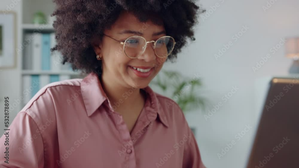 Poster creative business black woman with glasses and laptop happy with work seo data results, project prog