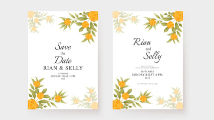 Elegant wedding invitation template with watercolor yellow flower
