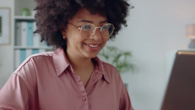Creative business black woman with glasses and laptop happy with work seo data results, project progress report or ux review. Digital marketing person smile for tech software workflow management app