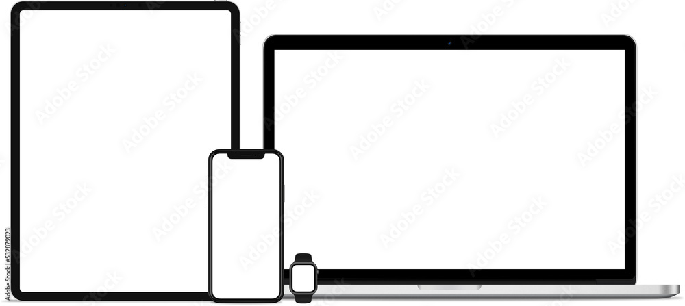Wall mural multiple mobile devices with blank screen for responsive layout mockup