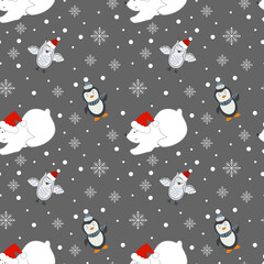 Cute Polar Bear Seamless Pattern, Cartoon Christmas Background, Vector Illustration