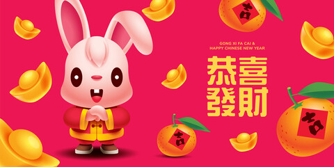 2023 chinese new year banner with cute rabbit zodiac greeting hands cartoon character	