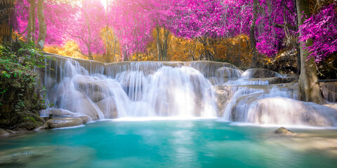 Amazing in nature, beautiful waterfall at colorful autumn forest in fall season	