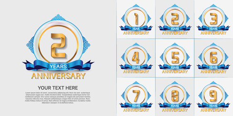 set of anniversary with golden color and blue ribbon can be use for celebration moment