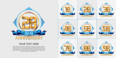 set of anniversary with golden color and blue ribbon can be use for celebration moment