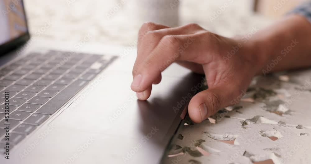 Poster Laptop planning, hands working and man doing web design on internet, coding website on the web and reading email on computer in home at table. Remote entrepreneur doing seo analytics on pc at desk