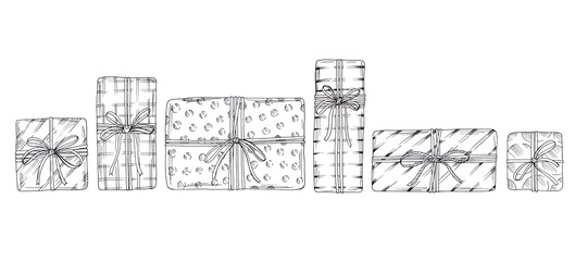 Gift boxes with ribbons set. Hand drawn doodle sketch. Isolated holiday items. Outline image.