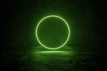 Neon Glowing Laser Circle green Electric Shape. 3D Rendering