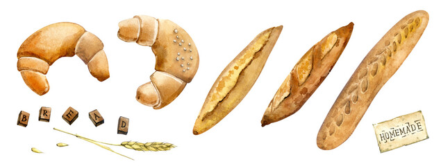 Clip art bread. Freshly baked bread painted in watercolor. Bagels, baguettes, ciabatta, an ear of wheat. Set for menu design, stickers, websites, etc.