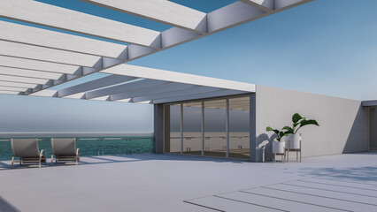 Fototapeta premium Architectural 3D Rendering of Modern Minimal House With Sunbathing Bed Sea View 
