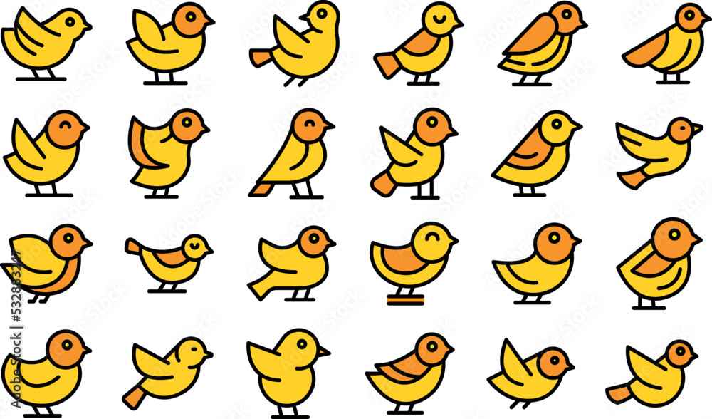 Poster sparrow icons set outline vector. fly bird. house tree color thin line