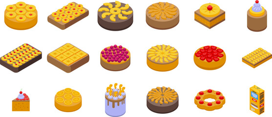 Upside-down cake icons set isometric vector. Pineapple tart. Baked food