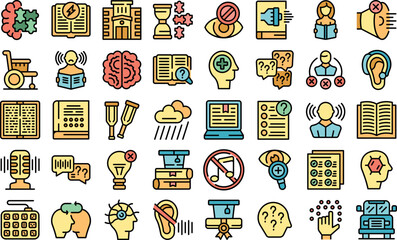 Learning disability icons set outline vector. Inclusive education. School test color thin line
