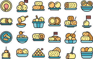Croquette icons set outline vector. Baked ball. Potato food color thin line