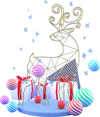 3d Rendering Christmas or new year elements background with decorative deer, balls, snow and gift boxes. Colorful flat gifts for holidays. Modern design.  Isolated PNG illustration on transparent.