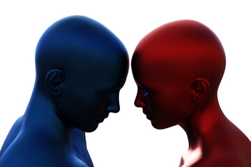 3d render. Portrait of blue bald man and red bald woman on white background. 