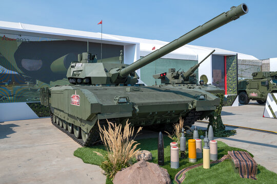 MOSCOW REGION, RUSSIA - AUGUST 18, 2022: Tank T-14 on the basis of the Armata tracked platform on the Army-2022 international military-technical forum. Patriot Park