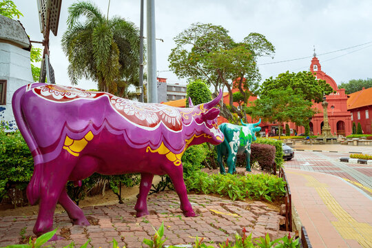 Melaka, Malaysia - Aug 25, 2022  Cows statue with painted decorated design at the roadside.