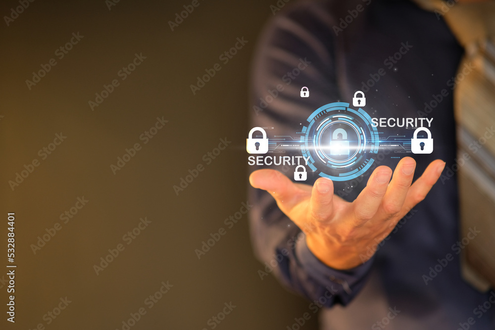 Poster network of cyber security. network security on the internet. internet technology and the padlock ico