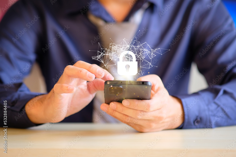 Aufkleber businessman unlocking and accessing business data network via fingerprint scanning cloud. and cyber 