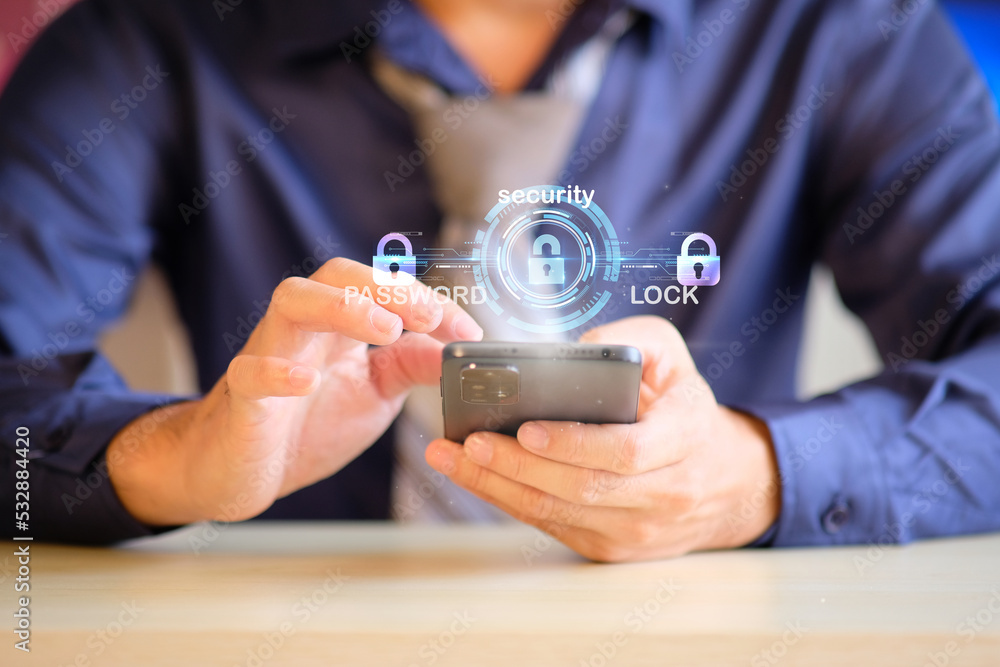 Poster businessman unlocking and accessing business data network via fingerprint scanning cloud. and cyber 
