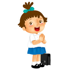 Cute Little girl student in pay respect pose. Thai students in school uniform in thailand.