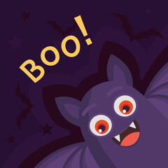 square card with bat halloween vector with inscription boo