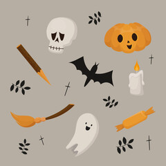 collection of Halloween themed items candle skull ghost pumpkin aspen stake broom bat and candy