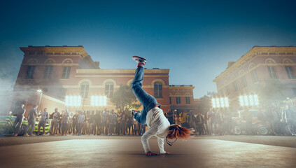 Street dancer girl  dance breakdance on evening street