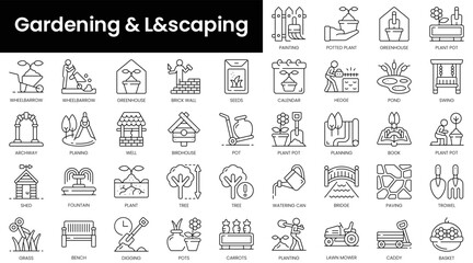 Obraz na płótnie Canvas Set of outline gardening and landscaping icons. Minimalist thin linear web icon set. vector illustration.