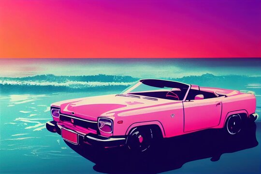 Retro Sport car rides among the palm trees against the backdrop of the sunset in the city. Pink background in the style of retro synthwave 80s., neons, retro city background