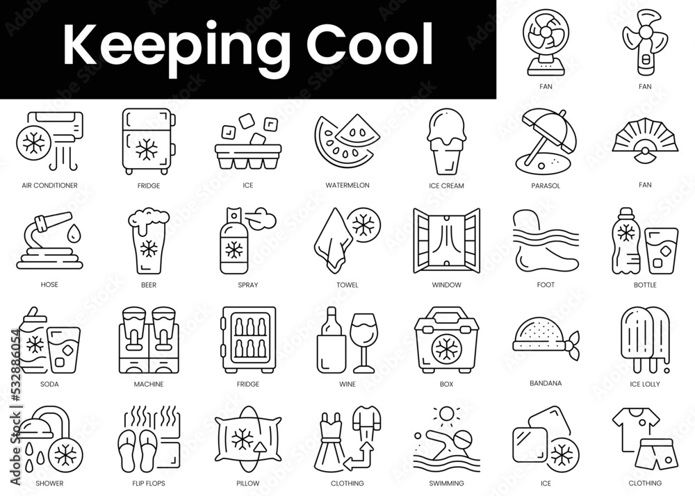 Wall mural Set of outline keeping cool icons. Minimalist thin linear web icon set. vector illustration. - Wall murals