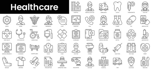 Fototapeta na wymiar Set of outline healthcare icons. Minimalist thin linear web icon set. vector illustration.