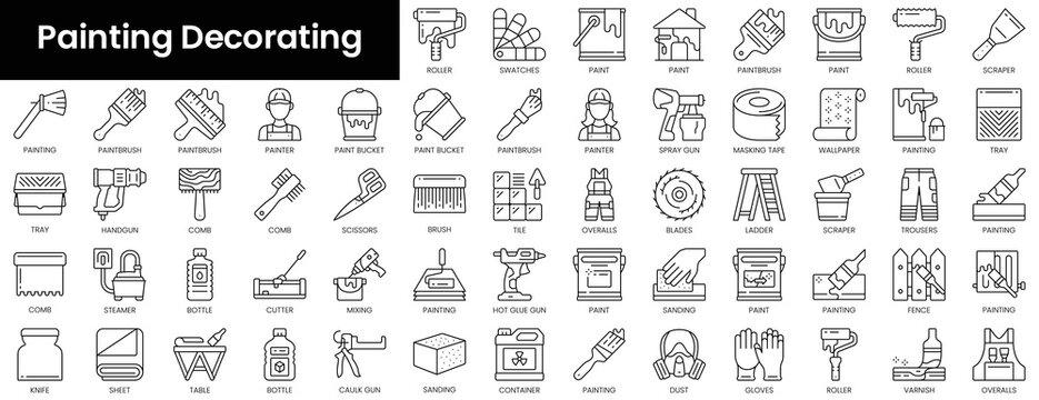 Set of outline painting decorating icons. Minimalist thin linear web icon set. vector illustration.