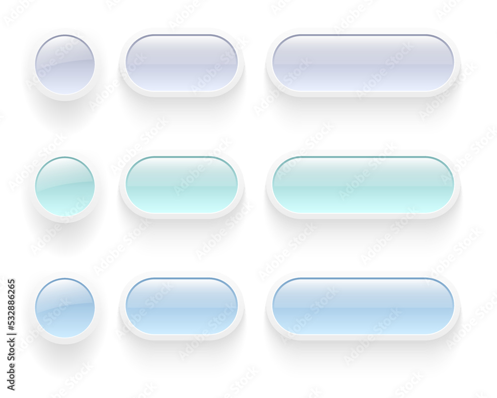 Poster White blue buttons for user interface, simple 3D modern design for mobile, web, social media, business. Minimal style UI icons set.
