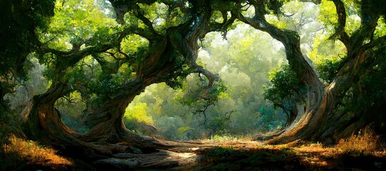 Lush green fairytale forest, majestic ancient oak trees - pristine enchanting woods. Secluded grove full of mystical magical energy. Beautiful fantasy watercolor stylized backdrop. 