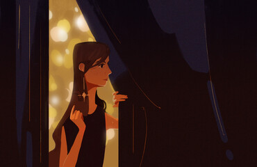 The character of an elegant young girl with long hair looking backstage with interest, bokeh lights in the background, theater season announcement