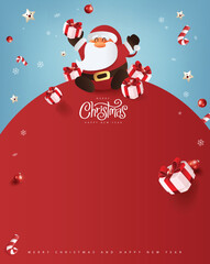 Santa Claus with a huge bag on the run to delivery Christmas gifts at snow fall. Merry Christmas text Calligraphic Lettering Vector illustration. - obrazy, fototapety, plakaty