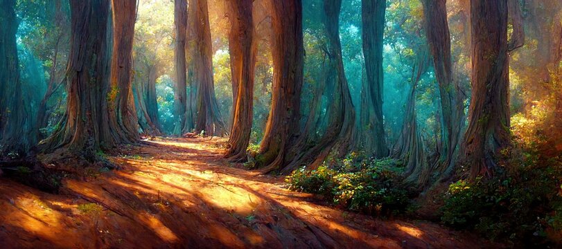 Lush green fairytale forest, majestic ancient oak trees - pristine enchanting woods. Secluded grove full of mystical magical energy. Beautiful fantasy watercolor stylized backdrop. 