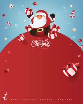 Santa Claus with a huge bag on the run to delivery Christmas gifts at snow fall. Merry Christmas text Calligraphic Lettering Vector illustration.