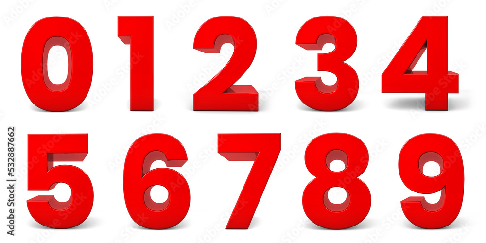 Fototapete red numbers isolated on white background. 3d numbers. 3d rendering