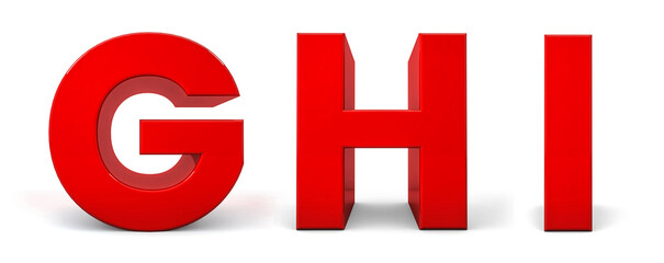 Red Letters G, H, I isolated on white background. Letter G, H, I 3d. 3d alphabet. 3d rendering