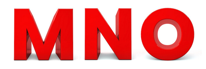 Red Letters M, N, O isolated on white background. Letter M, N, O 3d. 3d alphabet. 3d rendering