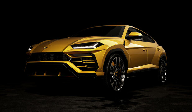 Almaty, Kazakhstan 05 July. Lamborghini Urus luxury sport suv car. Isolated on dark background. 3d render